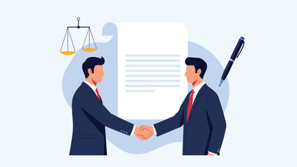 Two professional business partners shake hands to seal a legal agreement with a contract document scales and a pen.