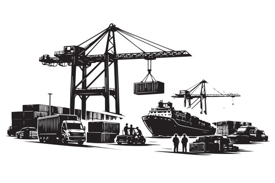 Seaport Silhouette, Vector Illustration, Isolated on White Background