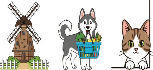 Cute farm and pet illustration set with windmill, husky dog carrying groceries and curious cat, colorful cartoon vector collection for children design © MST HASMOTARA