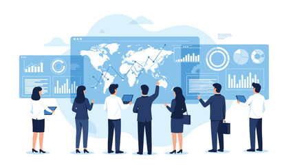 Business team analyzing global market data and financial statistics displayed on a giant digital dashboard in a modern corporate command center.