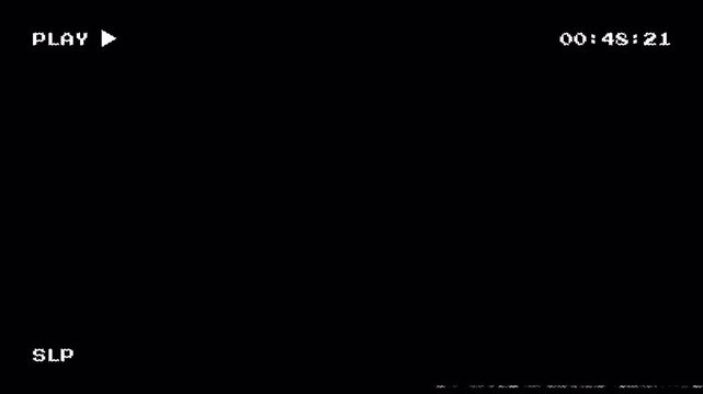 Retro VHS tape playing overlay with play indicator, timestamp counter and SLP mode on black background for for video editing, film transitions, motion. Analog camcorder screen for old tape playback