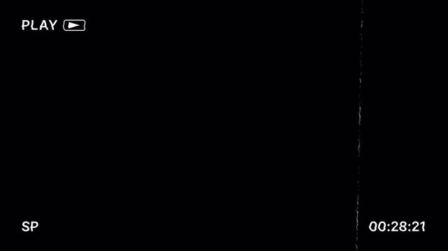 Vintage VHS tape playing screen animation with play indicator, timestamp counter and SP mode for overlay video. Old VHS playback minimal grunge style for cinematic. Analog camcorder overlay for tape