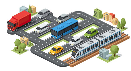 Isometric city transport network with cars, bus, truck, and train. © Yahya