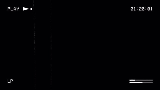 Old VHS tape playback overlay animation with play icon, LP mode indicator, running timestamp, audio level bars for video editing. Analog tape interface distressed style for cinematic. 4K Video