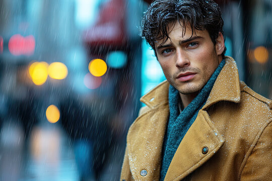 A young man with curly hair and a tan coat stands outside in the rain, with blurred city lights glowing softly in the background.