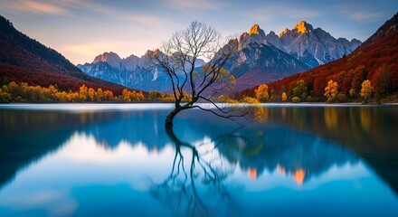 Obraz premium Serene lake landscape with a lone tree reflecting in the calm water, surrounded by autumn foliage and majestic mountains under a vibrant sky