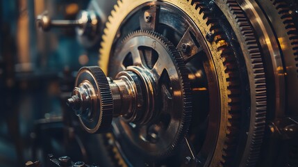 Fototapeta premium Close up of intricate metallic gears in a machine.