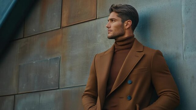 Handsome man wearing chic overcoat leaning on wall.