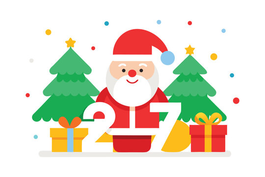 Cute santa claus character with christmas trees and gift boxes for winter holiday greeting