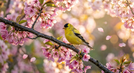 Vibrant yellow finch perched delicately amidst a cascade of soft pink cherry blossoms on a sunlit branch, with gentle petals falling in a serene spring garden