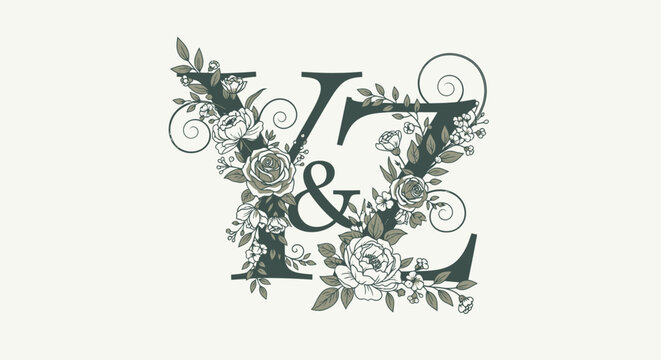 Vector illustration of a floral alphabet set featuring black silhouette letters with swirl decoration and grunge art elements for tattoo or sign design