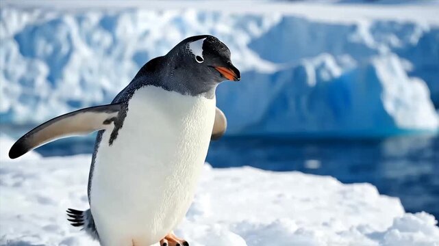 Gentoo Penguin standing on snow with icebergs and blue ocean in the background, Antarctica.