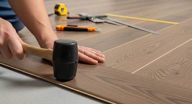 Installing laminate flooring with a rubber mallet for home improvement job