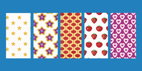 Six vertical patterned fabric swatches displayed against a solid blue background diverse designs