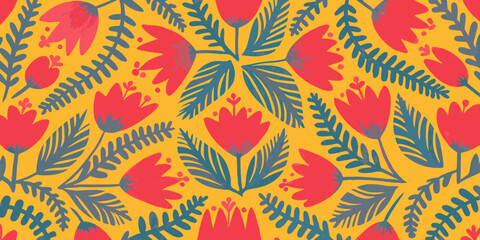 Obraz premium Stylized floral pattern with red and blue flowers and leaves on a vibrant yellow background