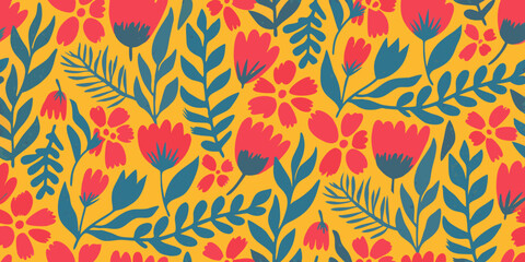 Vibrant floral pattern with red flowers blue leaves and a sunny yellow background © Sukla