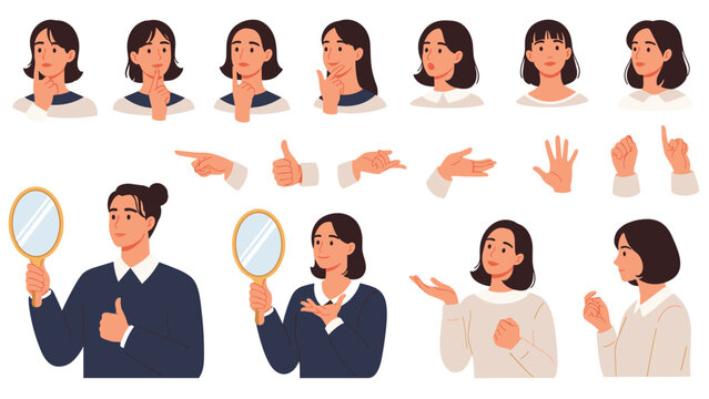 Comprehensive character design set for a young woman includes multiple facial expressions, hand gestures, and different posing styles.