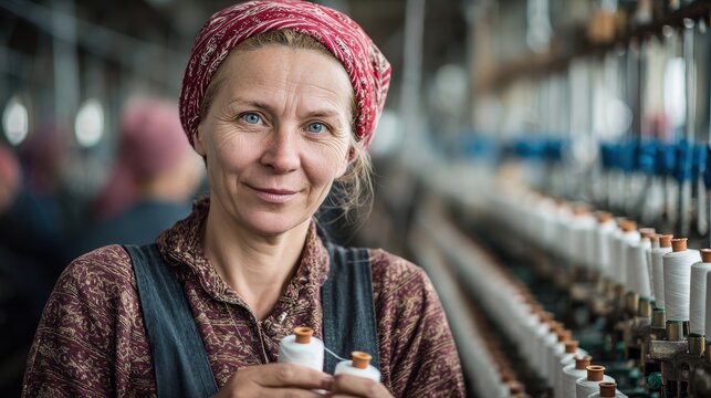 Image of a woman with a thread spool in a textile factory