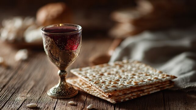 Matzah and wine cup on a wooden table for Passover