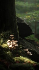 Obraz premium Mushrooms clustered near a tree trunk in a forest setting.