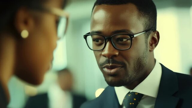 Confident man in eyeglasses with tie, listening to discussion, corporate office setting, networking, diverse clientele