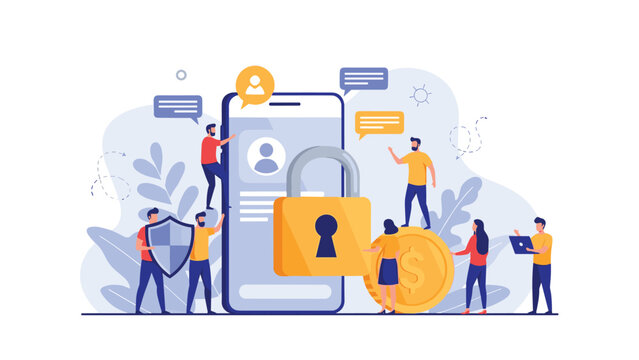 Team of cybersecurity professionals securing a giant mobile smartphone with a large yellow padlock and shield for data privacy protection tasks.