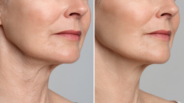 Profile of a 50 year old woman with fat neck and double chin emphasizes sagging skin care realistic aging facial lift and mature beauty in a closeup anti aging result comparison