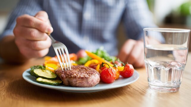 Wellness through nutrition a man s hands enjoying a meal of meat and veggies with a fork and glass of water