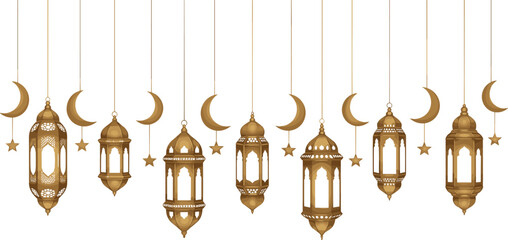 Set of Ornate Hanging Bronze Lanterns with Crescent Moons and Stars for Ramadan Kareem Eid Mubarak Greetings and Elegant Islamic Holiday Borders © MdSaddam
