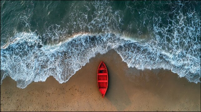 Aerial view of a lone boat on a sandy beach
