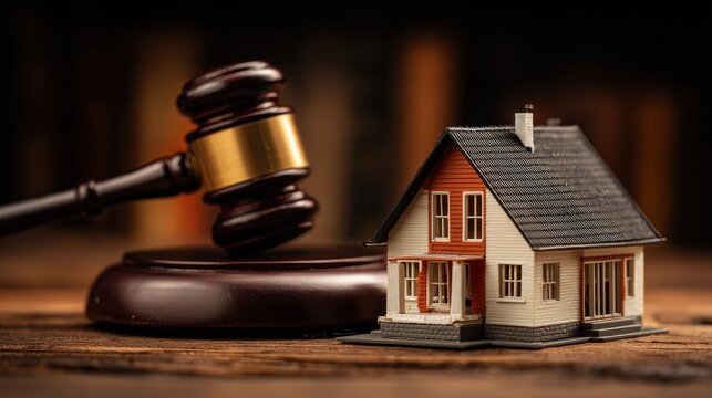 Legal matters in real estate deals A miniature house and a gavel together The convergence of law and real estate including property rights and contracts
