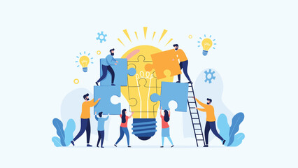 Collaborative team working together to assemble a giant light bulb puzzle representing shared innovative ideas.