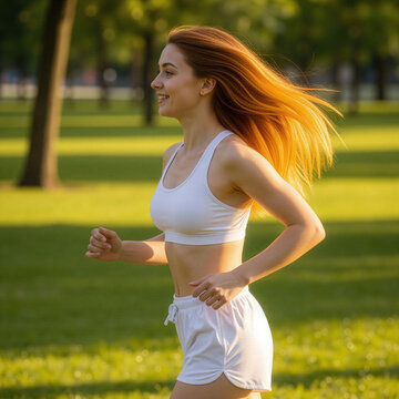 Corrida ao Ar Livre no Parque com Mulher de Cabelo Vermelho e Pontas Loiras &ndash; Sa&uacute;de e Bem-Estar
