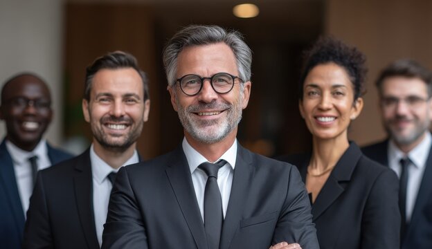 Business executive and team embodying leadership confidence and diversity to foster collaboration and trust Law office group of experienced attorneys for legal matters and cour