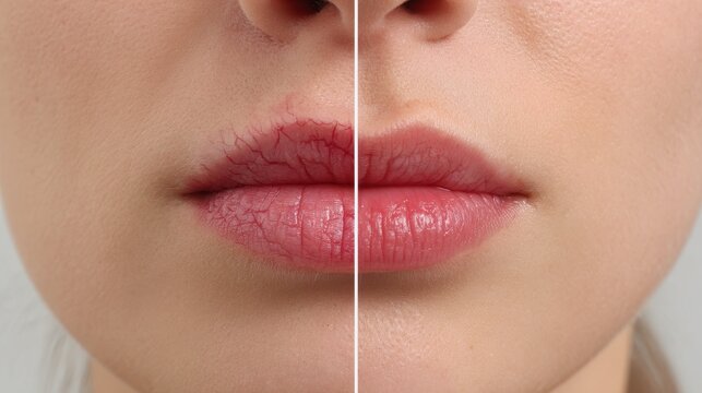 Extreme close up of dry cracked lips indicating a skin condition pre and post treatment Healthy woman s lips detailed view