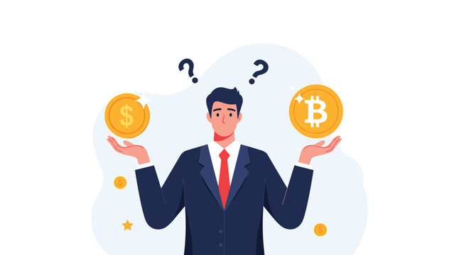 Perplexed businessman holding a golden dollar coin and a bitcoin coin while trying to make a financial choice.