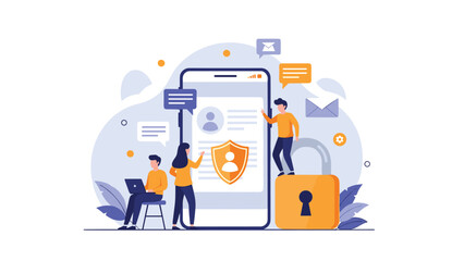 People protecting personal data and privacy on a giant smartphone with shield and padlock for mobile security concept.