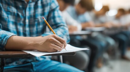 High school and college students study while taking exams in classrooms with a focus on scholarship opportunities for studying abroad
