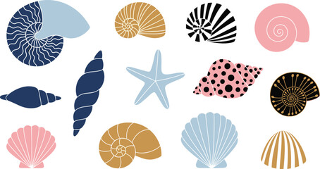 Colorful vector illustration set of various seashells starfish and nautical snail shells with decorative patterns and stripes for summer beach and marine branding © ROJUFA