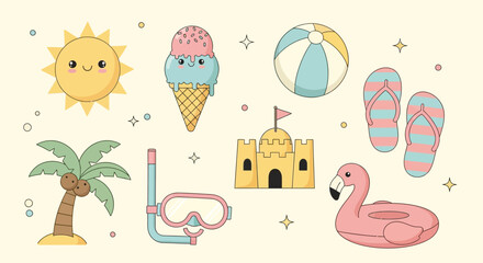 Vibrant Summer Vacation Icons with Tropical Elements and Beach Accessories. © Bushcraft
