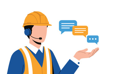 Technical support representative wearing a hard hat and headset gesturing towards floating digital speech bubbles.