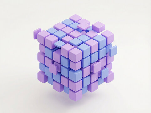 A three-dimensional render of a large cube composed of many smaller, alternating blue and purple cubes, with some pieces slightly displaced.