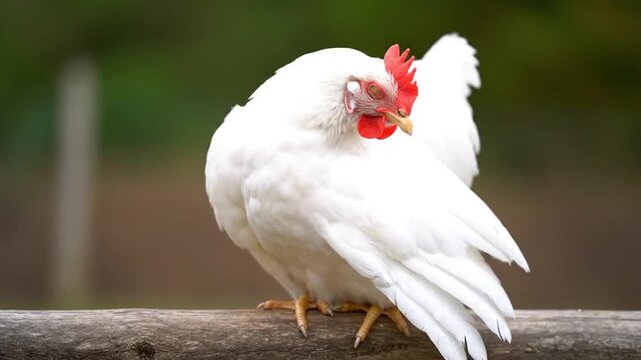 A white chicken perched on a wooden beam, showcasing its feathers and red comb in a natural outdoor setting.