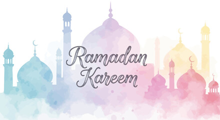 Ramadan Kareem greeting card with mosque silhouettes and watercolor background. © Bushcraft