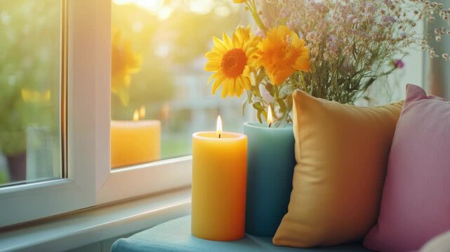 The video portrays a cozy, homey scene with colorful pillows arranged on a window seat. A vase of flowers in shades of yellow and orange adds warmth to the room, complementing the candleholder that