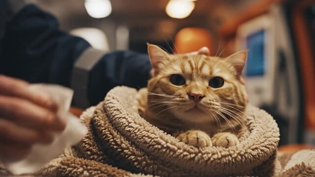 Orange tabby cat receives gentle facial cleaning by human hand with soft white wipe indoors pet care animal welfare comfort