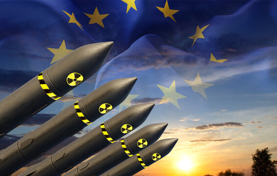 Nuclear missiles against the sunset with European Union flag. Nuclear defense of the European continent concept