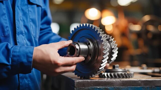 Worker inspecting metal gear assembly in industrial workshop