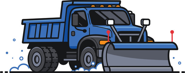 Flat vector illustration of a heavy duty blue snow plow truck with a large metal blade clearing winter snow for road maintenance designs © ROJUFA