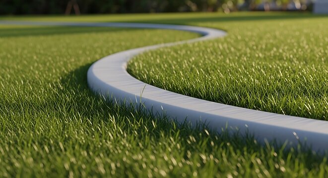 Curved concrete edging amidst lush green grass in a manicured lawn